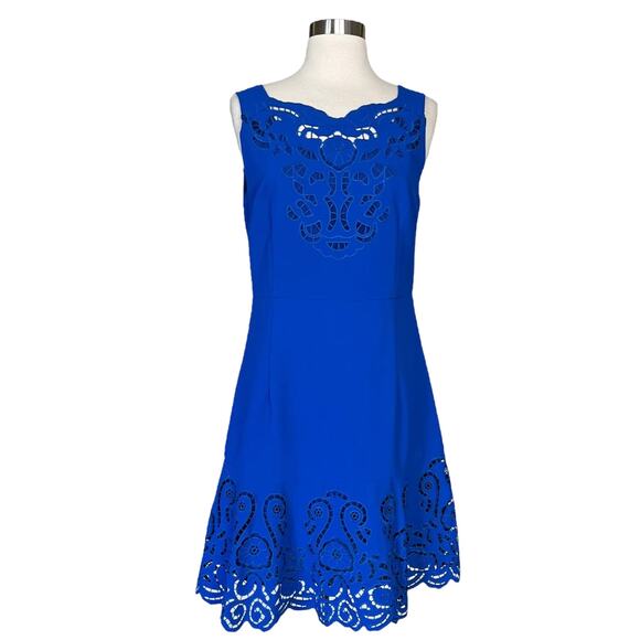Blue Cocktail Dress Cobalt Sleeveless Laser Cutouts A-Line Round Neck Medium EUC - Picture 12 of 12